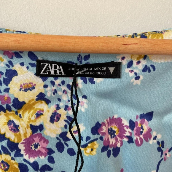 Zara Bustier Satin Effect Floral Mini Dress Puff Sleeve Sky Blue NWT Size Medium - Picture 12 of 13